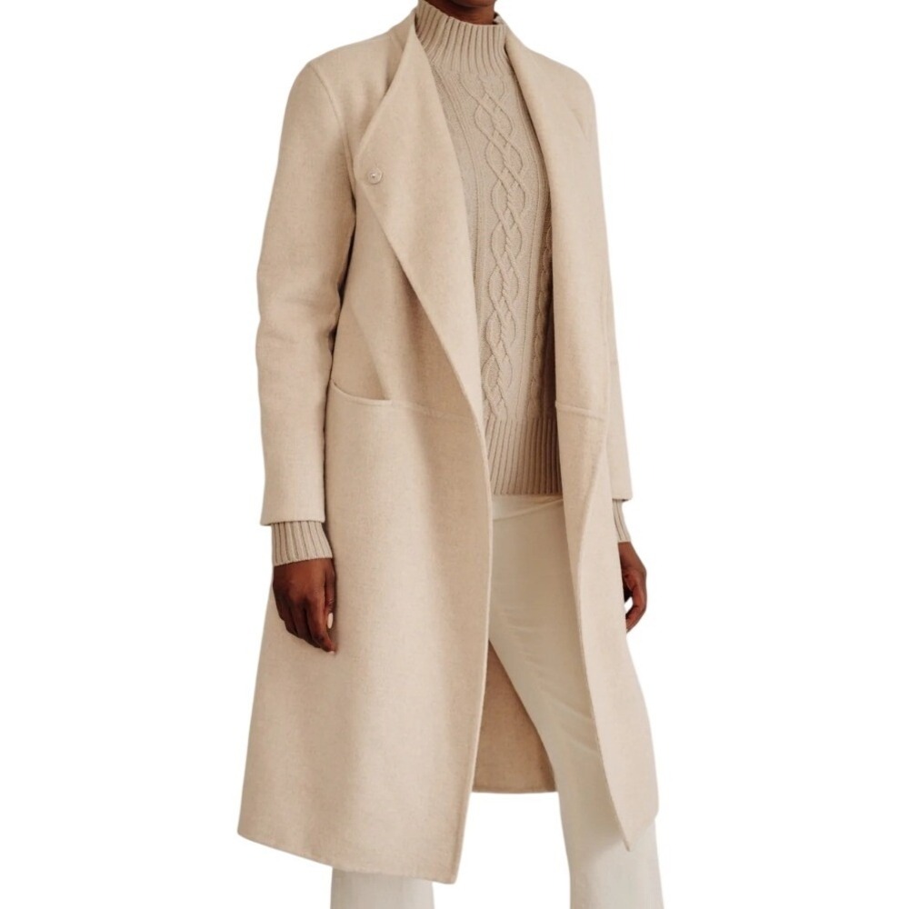 J McLaughlin Iryna Sand Beige Wool Blend Wrap Coat‎ Belted Long Sleeve Size L